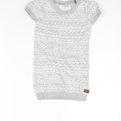 H&M Girls Silver Fair Isle Cotton Jumper Dress Size 3-4 Years Mock Neck Pullover