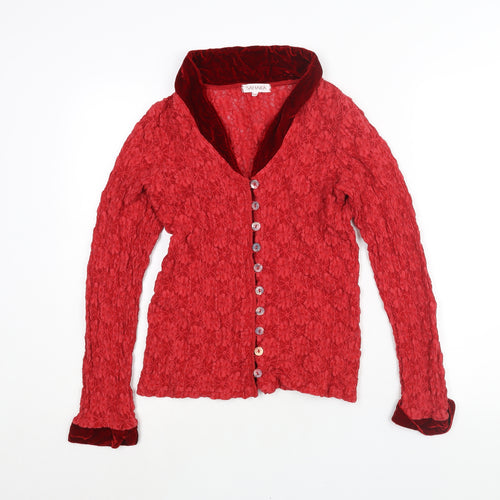 Sahara Womens Red Cotton Basic Blouse Size S V-Neck - Velour Trim Size S-M