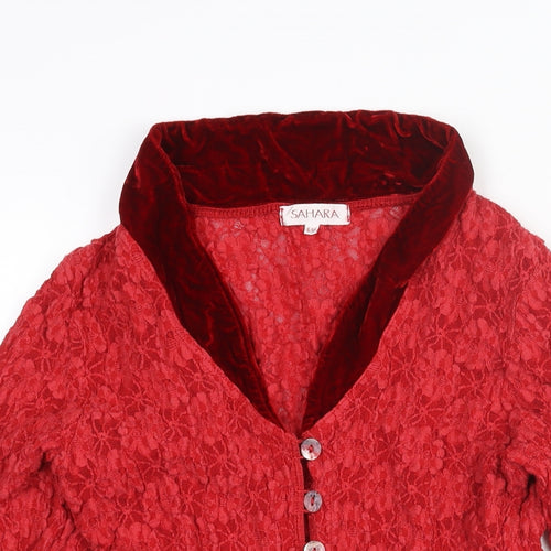 Sahara Womens Red Cotton Basic Blouse Size S V-Neck - Velour Trim Size S-M