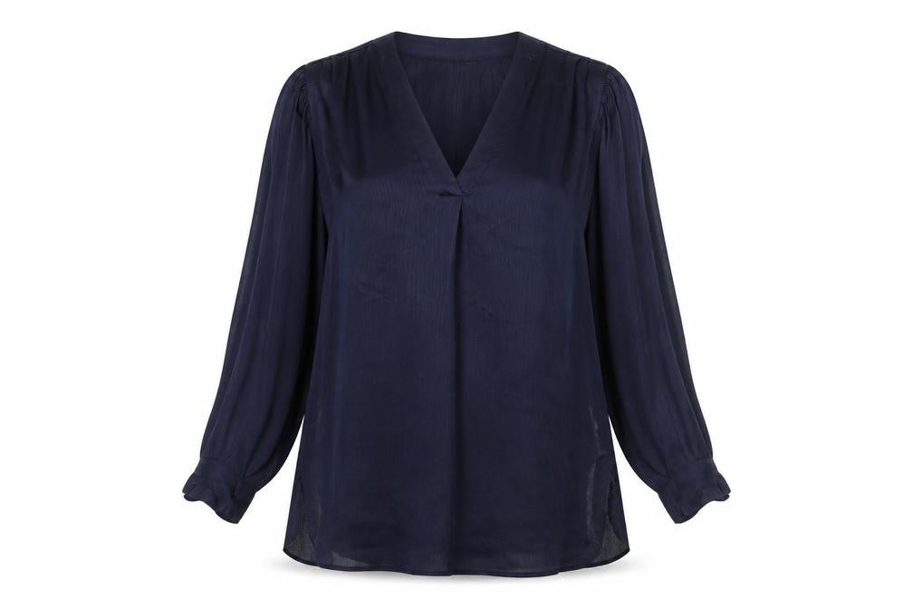 Front view of Zara women’s blue polyester tunic blouse, size S, v-neck