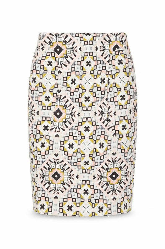 Front view of French Connection women’s multicoloured geometric cotton straight & pencil skirt, size UK 8, zip