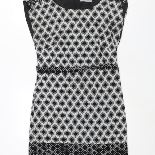 Marks and Spencer Womens Black Geometric Polyester Shift Size 10 Round Neck Zip - Belted