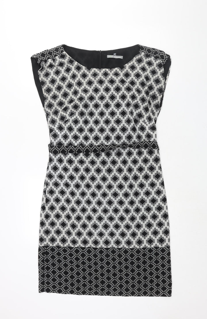 Marks and Spencer Womens Black Geometric Polyester Shift Size 10 Round Neck Zip - Belted
