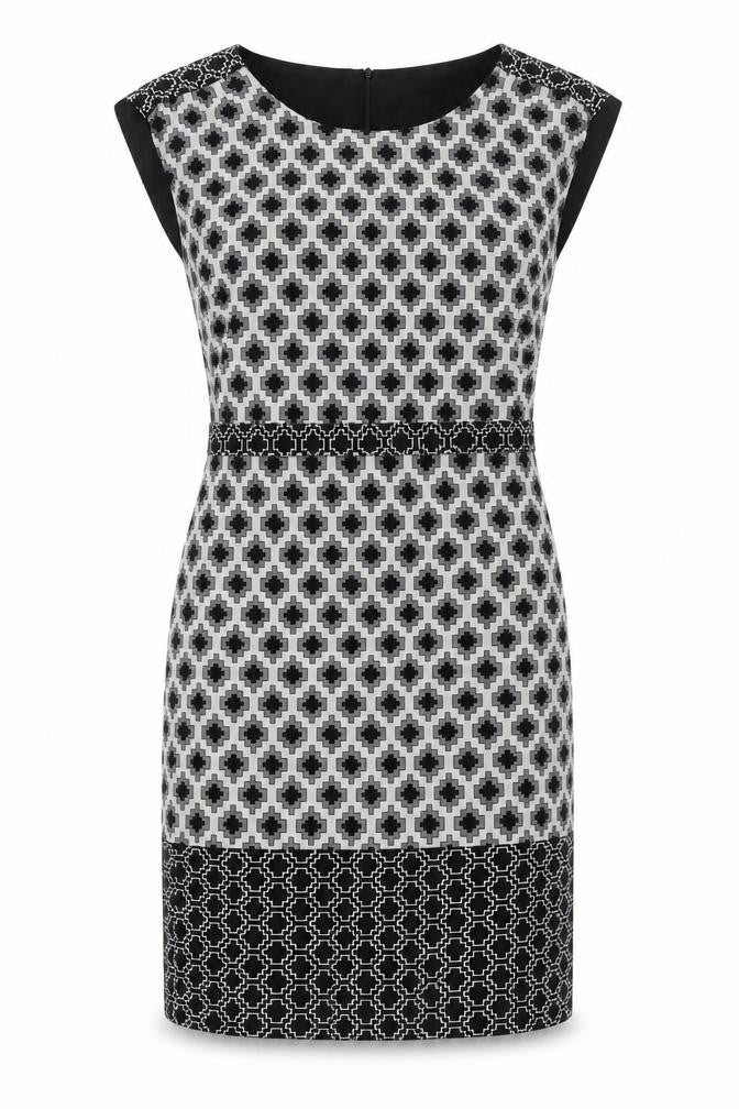 Front view of Marks & Spencer women’s black geometric polyester shift, size UK 10, round neck zip - belted