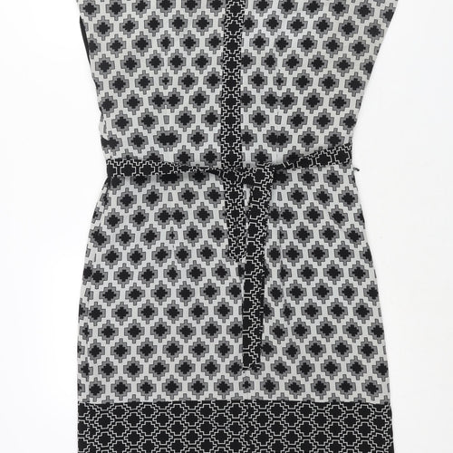 Marks and Spencer Womens Black Geometric Polyester Shift Size 10 Round Neck Zip - Belted