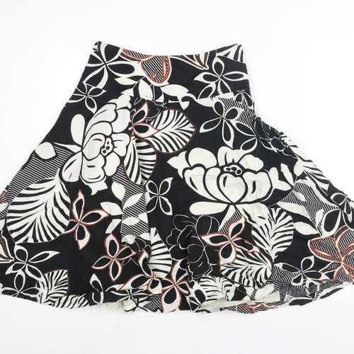 H&M Womens Black Floral Linen Flare Skirt Size 6 Zip