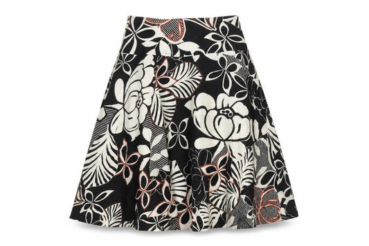 Front view of H&M women’s black floral linen flare skirt, size UK 6, zip