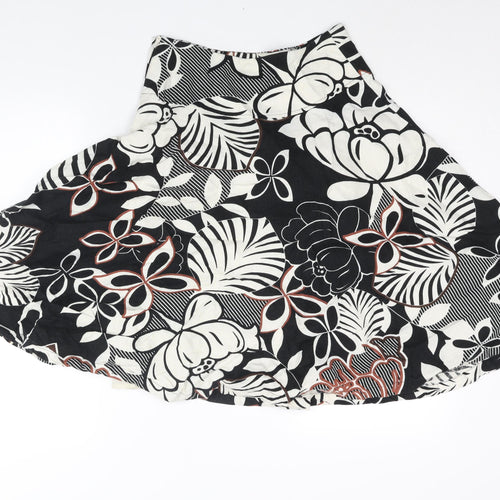 H&M Womens Black Floral Linen Flare Skirt Size 6 Zip