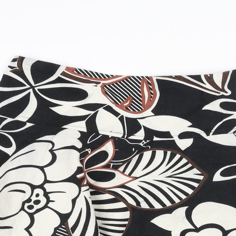H&M Womens Black Floral Linen Flare Skirt Size 6 Zip