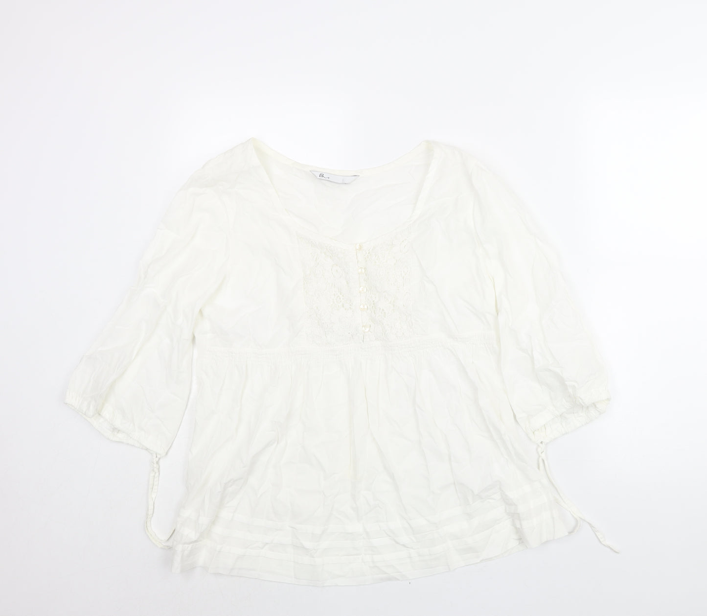BHS Womens Ivory Cotton Basic Blouse Size 14 Scoop Neck - Lace Detail
