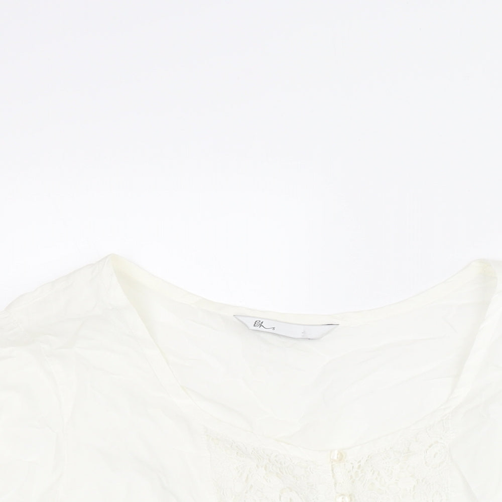 BHS Womens Ivory Cotton Basic Blouse Size 14 Scoop Neck - Lace Detail