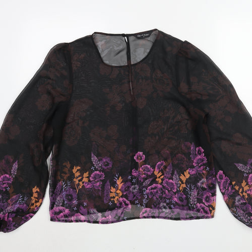Miss Selfridge Womens Black Floral Polyester Basic Blouse Size 14 Round Neck - Semi Sheer
