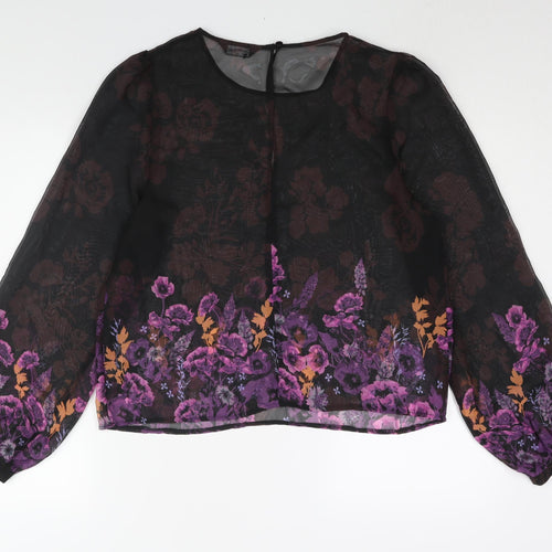 Miss Selfridge Womens Black Floral Polyester Basic Blouse Size 14 Round Neck - Semi Sheer