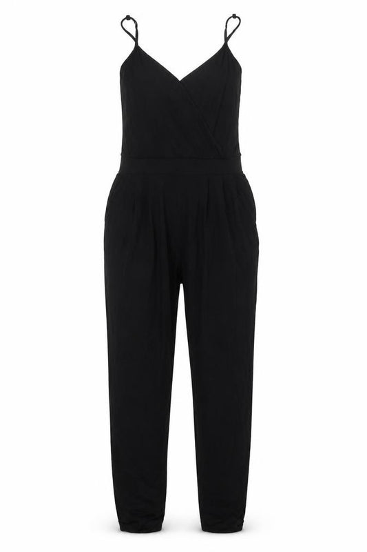 Front view of ASOS women’s black viscose jumpsuit one-piece, size UK 12, 30-inch leg pullover