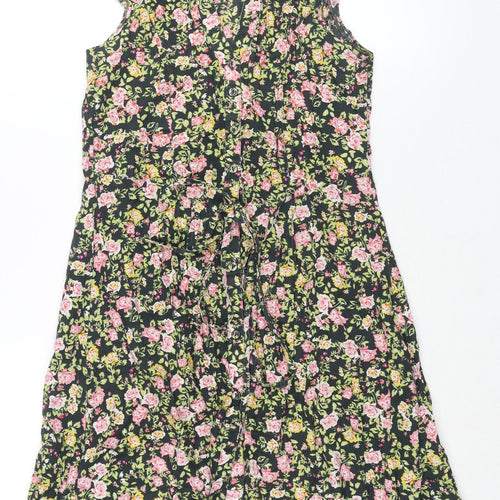 Dorothy Perkins Womens Multicoloured Floral Cotton A-Line Size 8 Collared Button - Belted Sequin Detail