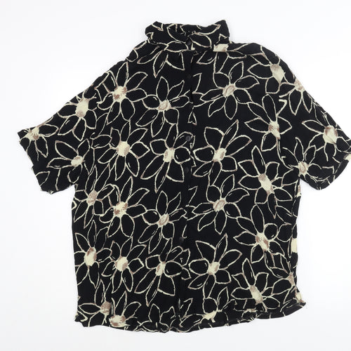 Pomodoro Womens Black Floral Viscose Basic Button-Up Size L Collared