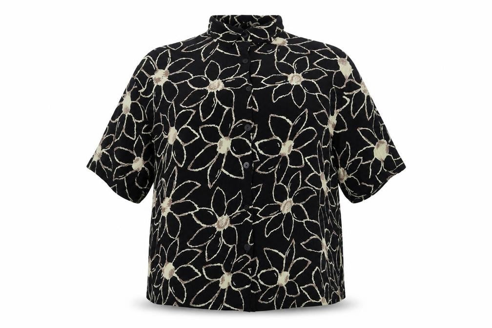Pomodoro Womens Black Floral Viscose Basic Button-Up Size L Collared