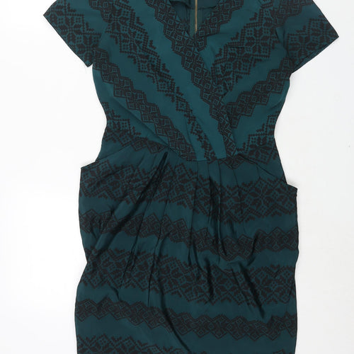 Closet Womens Green Geometric Polyester Sheath Size 12 V-Neck Zip - Pleat Detail