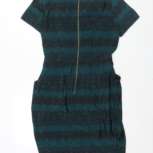 Closet Womens Green Geometric Polyester Sheath Size 12 V-Neck Zip - Pleat Detail