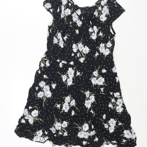 Wallis Womens Black Floral Viscose A-Line Size 12 Round Neck Zip