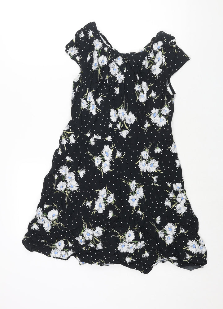 Wallis Womens Black Floral Viscose A-Line Size 12 Round Neck Zip