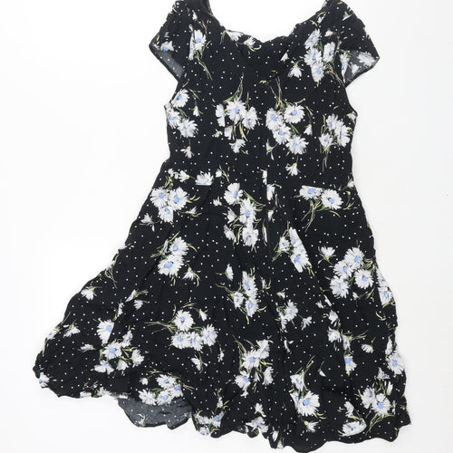 Wallis Womens Black Floral Viscose A-Line Size 12 Round Neck Zip