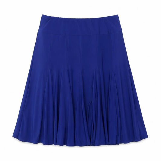 Front view of Julipa women’s blue polyester flare skirt, size UK 34, in