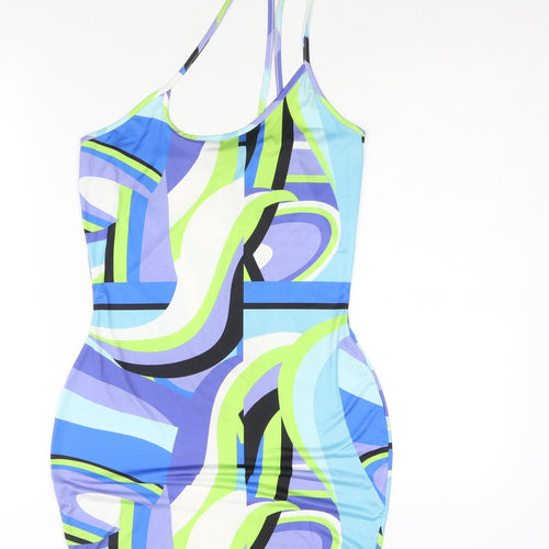 PRETTYLITTLETHING Womens Multicoloured Geometric Polyester Bodycon Size 10 One Shoulder Pullover