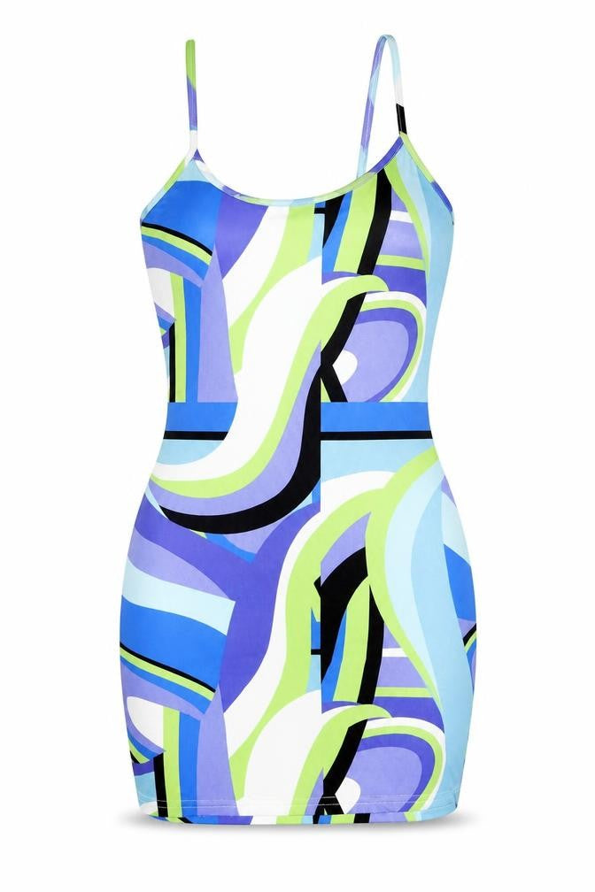 Front view of PRETTYLITTLETHING women’s multicoloured geometric polyester bodycon, size UK 10, one shoulder pullover