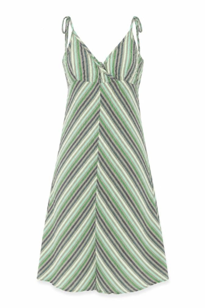 Front view of Divided by H&M women’s green striped polyester sheath, size UK 10, v-neck pullover