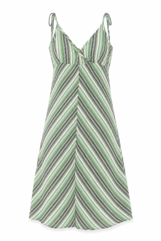 Front view of Divided by H&M women’s green striped polyester sheath, size UK 10, v-neck pullover