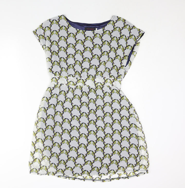 Tenki Womens Multicoloured Geometric Polyester Shift Size 12 Boat Neck Pullover - Belted Bird Print
