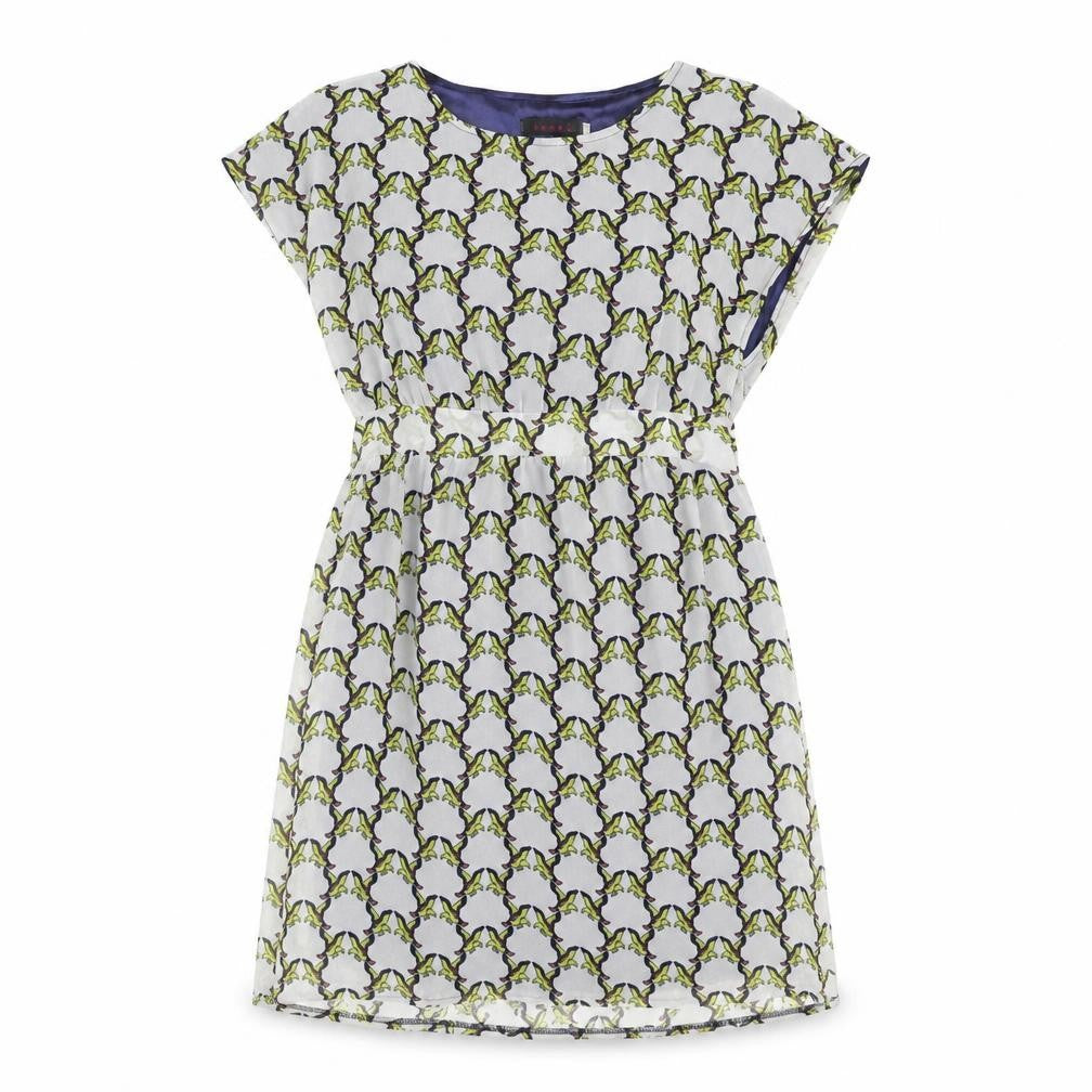 Front view of Tenki women’s multicoloured geometric polyester shift, size UK 12, boat neck pullover - belted bird print