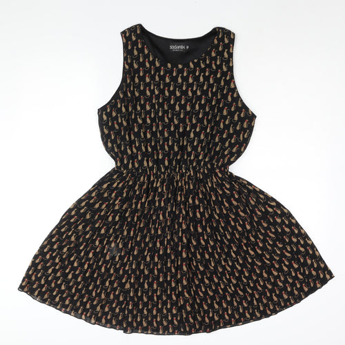 Soda Mix Womens Black Geometric Polyester Shift Size 12 Round Neck Pullover - Cat Print