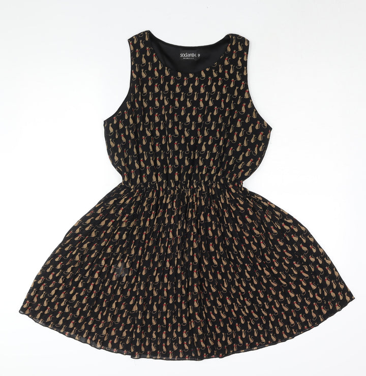 Soda Mix Womens Black Geometric Polyester Shift Size 12 Round Neck Pullover - Cat Print