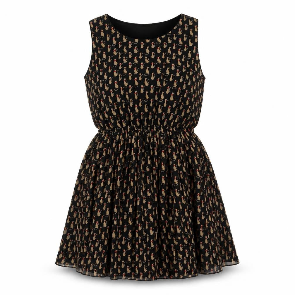 Front view of Soda Mix women’s black geometric polyester shift, size UK 12, round neck pullover - cat print