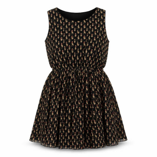 Front view of Soda Mix women’s black geometric polyester shift, size UK 12, round neck pullover - cat print