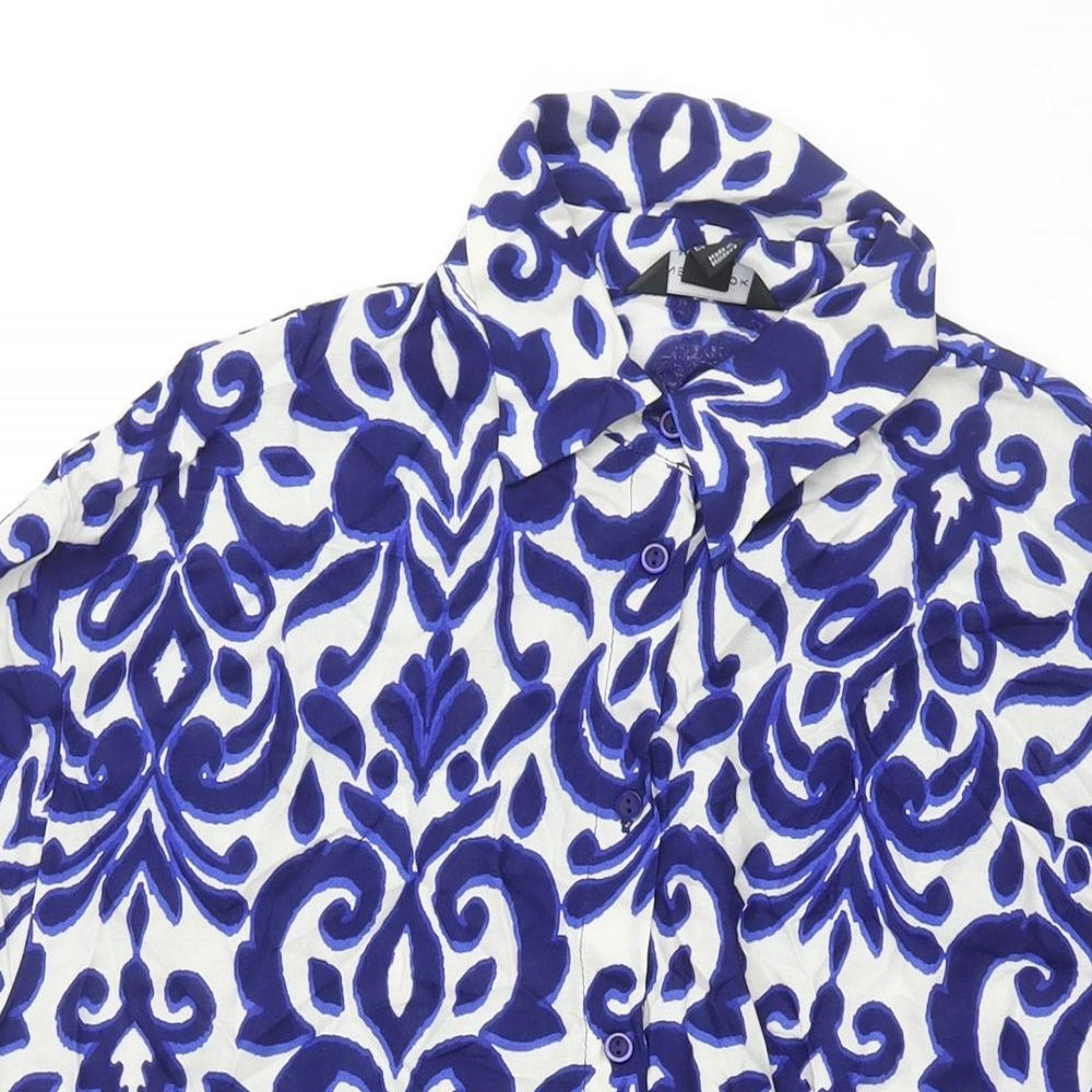 New Look Womens Blue Geometric Viscose Basic Button-Up Size 12 Collared