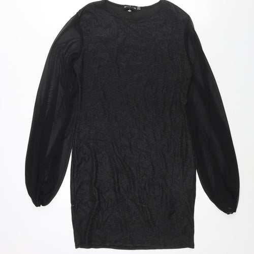 PRETTYLITTLETHING Womens Black Polyester Bodycon Size 10 Round Neck Pullover - Mesh Sleeve