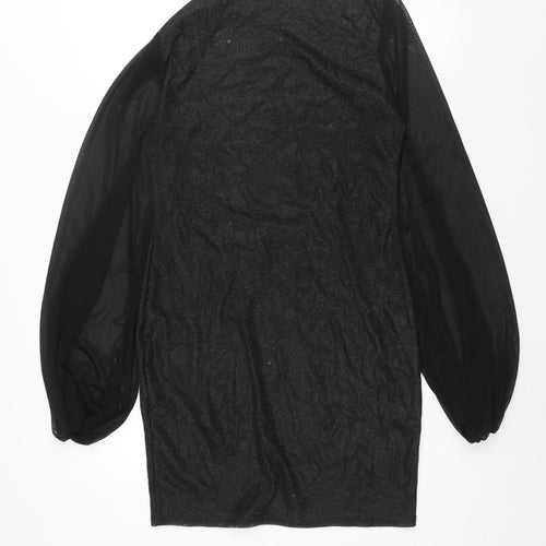 PRETTYLITTLETHING Womens Black Polyester Bodycon Size 10 Round Neck Pullover - Mesh Sleeve