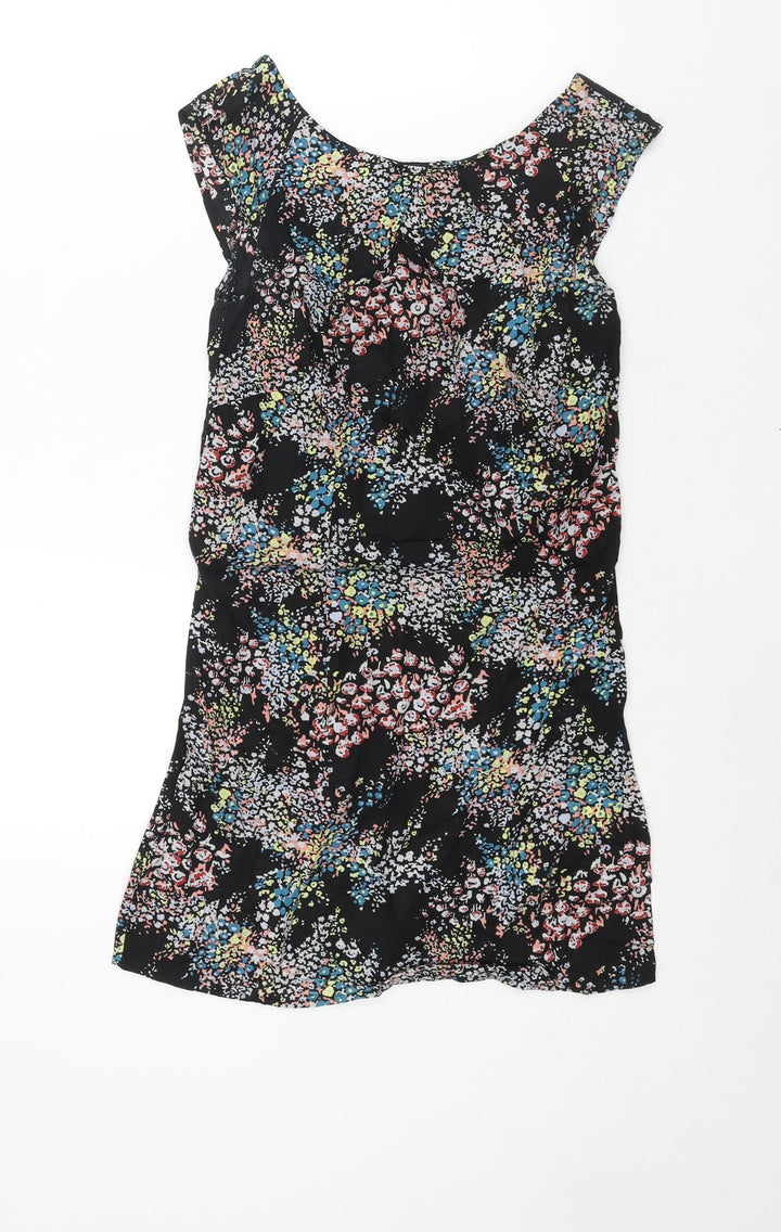 Warehouse Womens Black Floral Cotton Mini Size 6 Boat Neck Zip