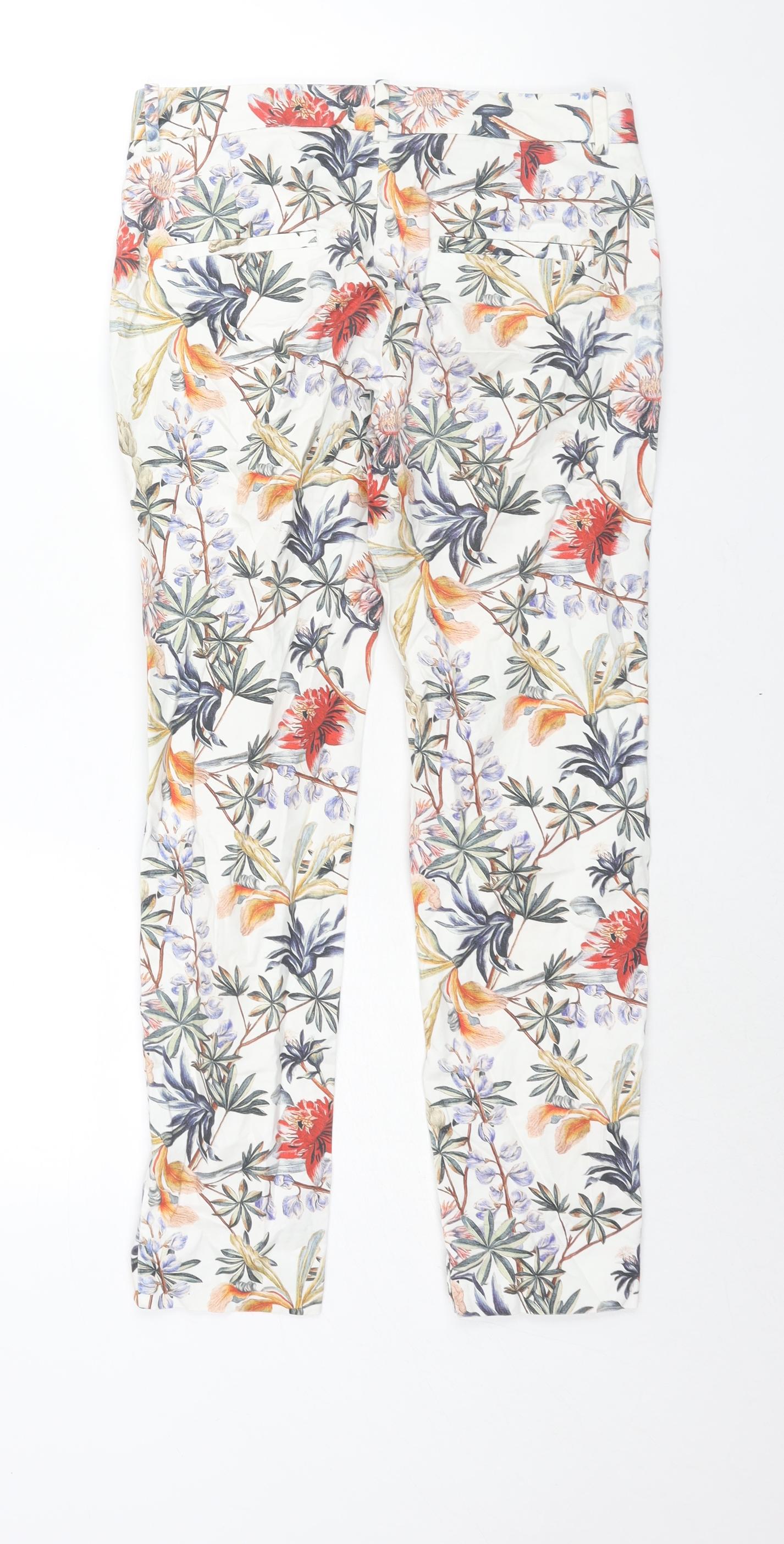 Zara Womens Multicoloured Floral Cotton Trousers Size XS L26 in Regular Zip