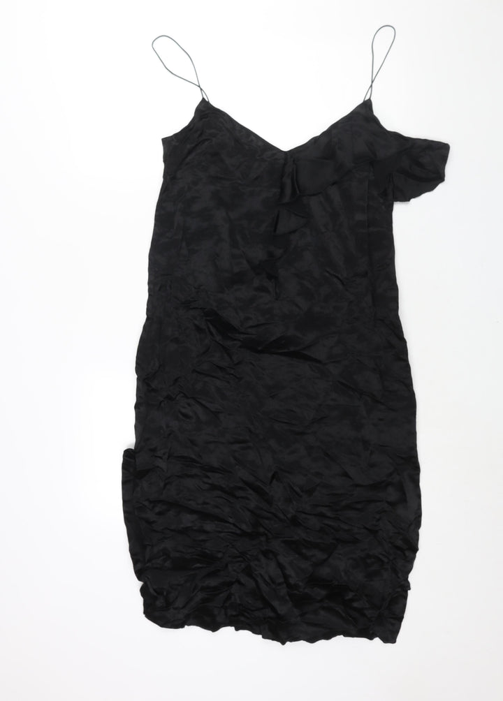 Zara Womens Black Viscose Shift Size M Scoop Neck Pullover - Frill Side Slits