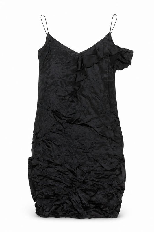 Front view of Zara women’s black viscose shift, size M, scoop neck pullover - frill side slits