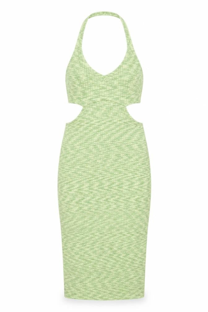 Front view of Divided by H&M women’s gold polyester bodycon, size XS, halter pullover - backless