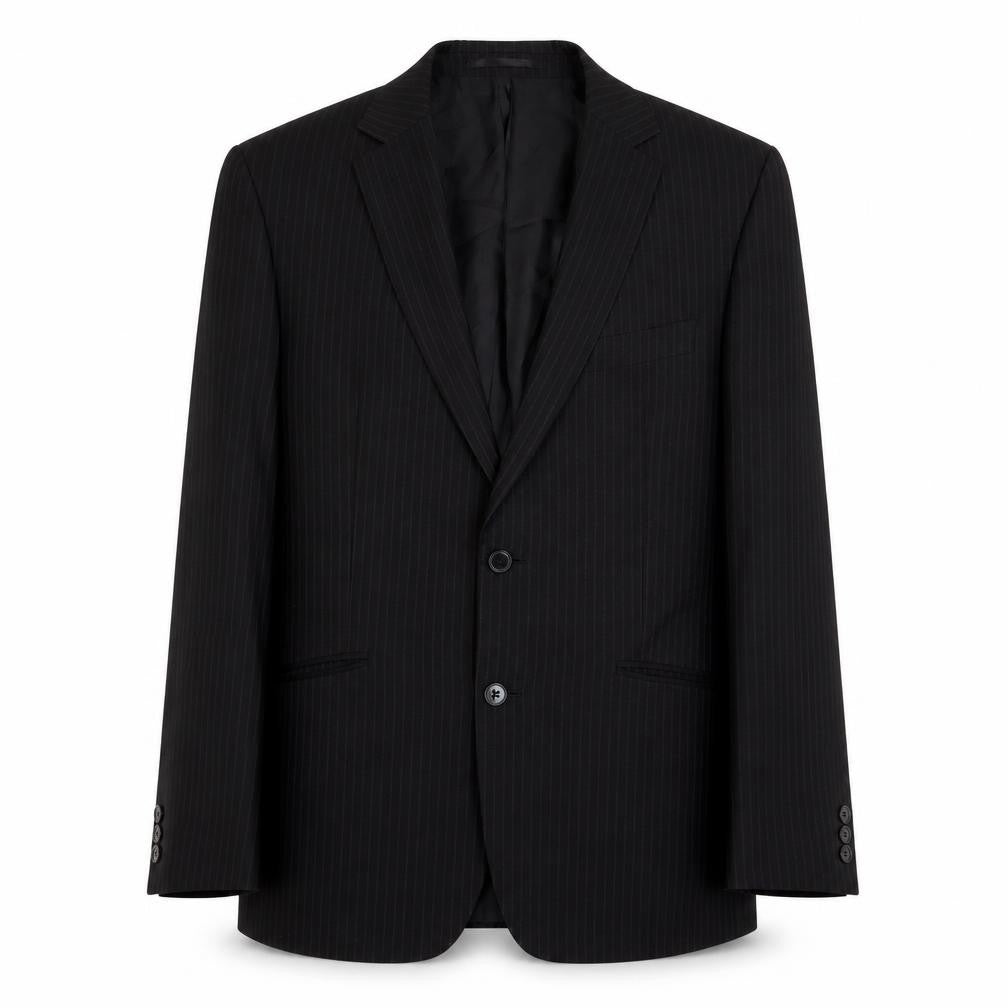 Front view of Karl Jackson men’s black striped polyester jacket suit jacket, size 40, regular