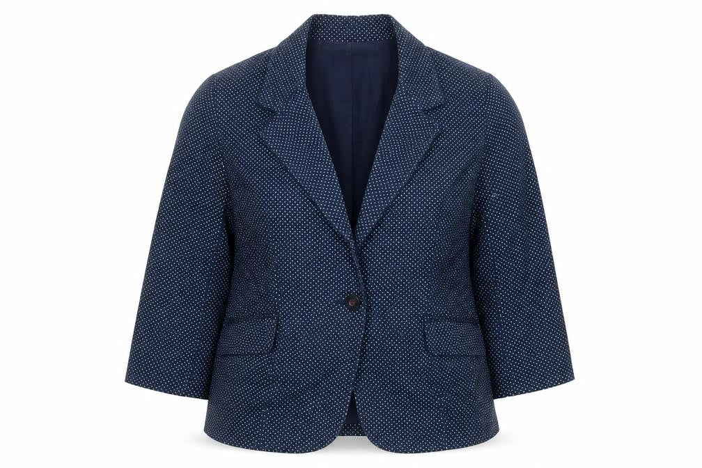 Front view of Marks & Spencer women’s blue polka dot jacket blazer, size UK 12, button