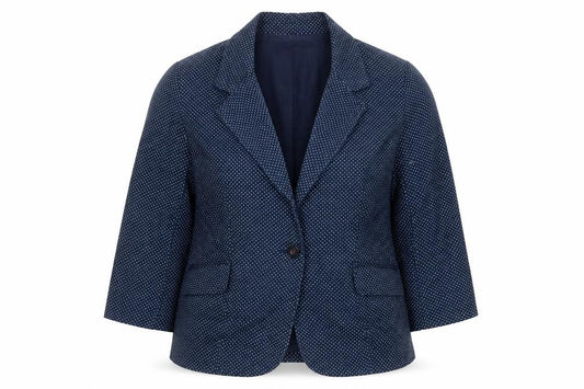 Front view of Marks & Spencer women’s blue polka dot jacket blazer, size UK 12, button
