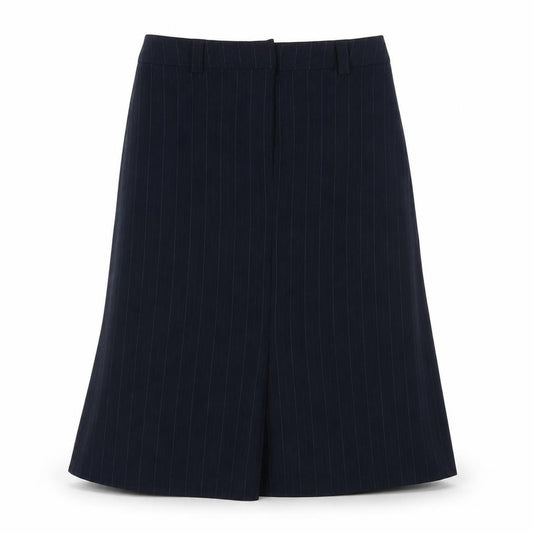 Front view of Autonomy women’s blue striped polyester a-line skirt, size UK 12, hook & eye