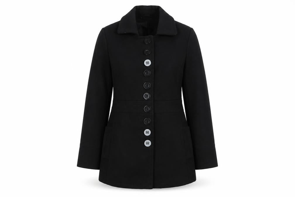 Front view of Ethel Austin women’s black jacket coat, size UK 12, button